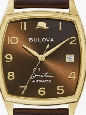 Frank Sinatra 
Bulova Gold Case Brown Dial Brown Leather Strap Men's Timepiece